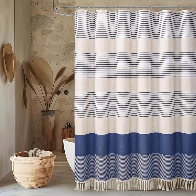 Awellife Blue Farmhouse Shower Curtains for Bathroom,Boho Flax Texture Striped Shower Curtain with Tassels Linen 72x72