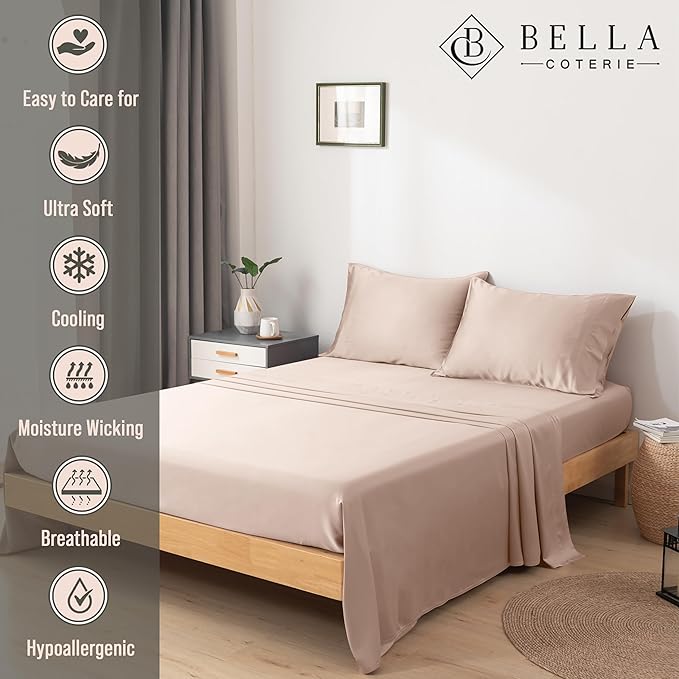 Bella Coterie Luxury Bamboo Viscose King Size Sheet Set | 100% Organically Grown | Ultra Soft | Cooling for Hot Sleepers | 18" Deep Pocket [Dusty Rose]