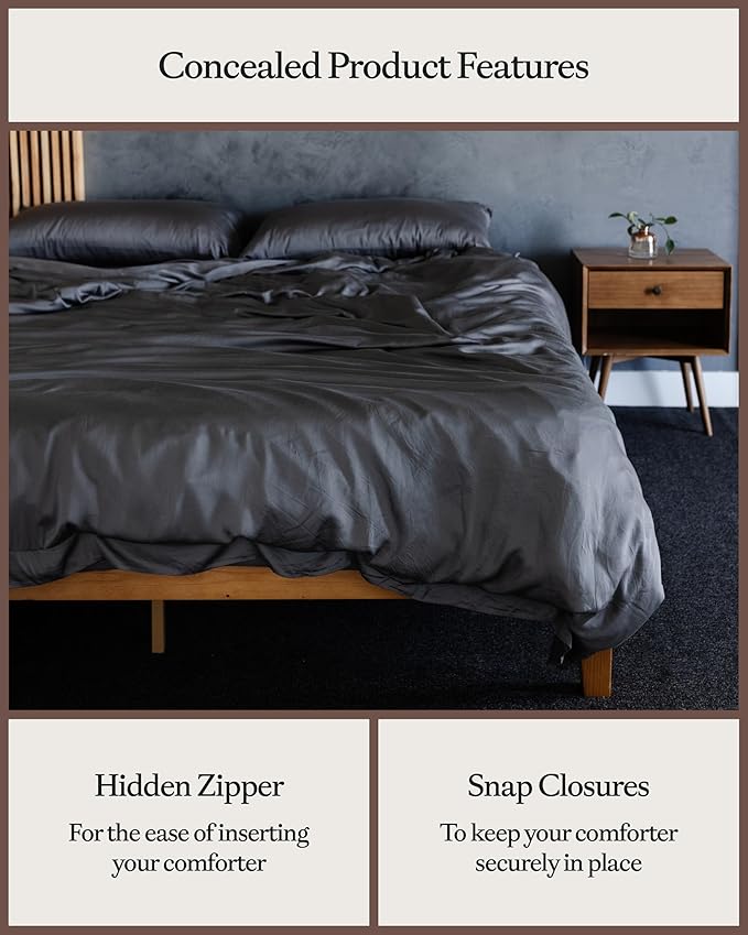 Cozy Earth Luxury Duvet Cover King - 100% Viscose from Bamboo - Ultra-Soft, Cooling & Lightweight Duvet Cover - Temperature-Regulating Bedding with Concealed Zip & Interior Snap Closures - Charcoal