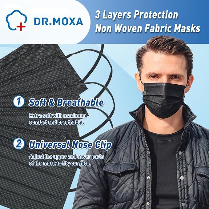 500Pcs Black Medical Disposable Face Mask(5 Boxes, 100pcs/Box) 3-Ply Protection