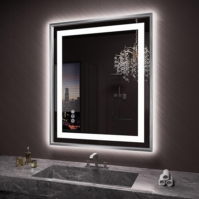 Amorho 36"x 30" LED Bathroom Mirror, Brushed Nickel Framed Mirror with Front Light and Backlit, Stepless Dimmable, Anti-Fog, Shatter-Proof, Memory, 3 Colors