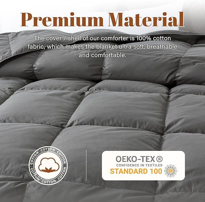 Cosybay Full Size Feather Down Fiber Comforter - Fluffy Grey All Season Duvet Insert, Ultra Soft 100% Cotton Cover, Luxury Hotel Bedding with Corner Tabs, 82"x86"