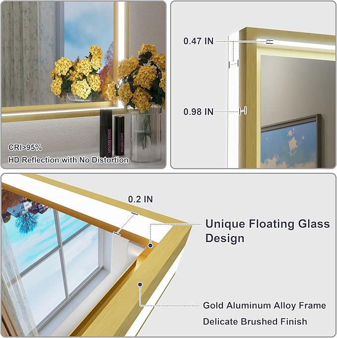 20x28 Inch Gold LED Bathroom Mirror, Front and Backlit Controlled Separately, Lighted Bathroom Vanity Mirror, 3000K/4500K/6000K, Wall Mounted, Dimmable, Anti-Fog, Horizontal/Vertical