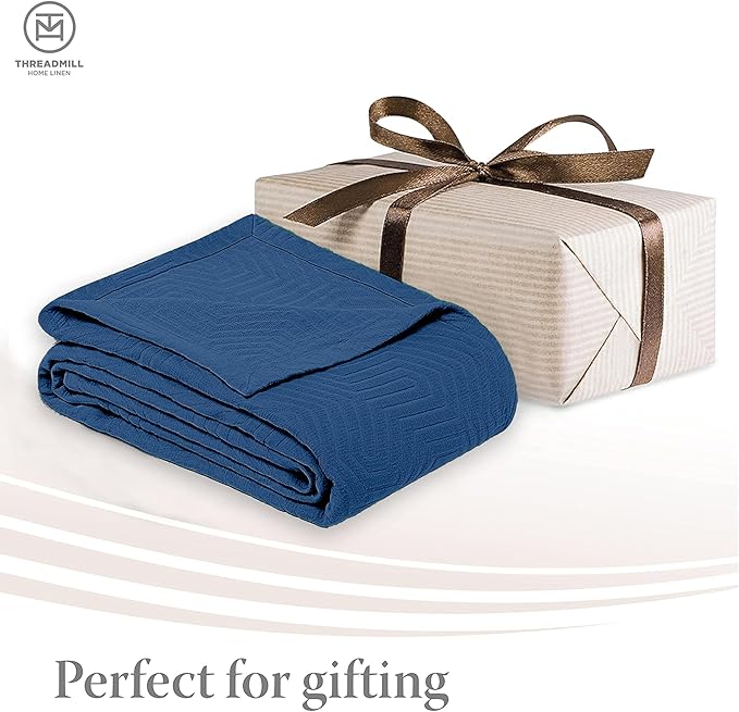 Threadmill Luxury Cotton Blankets for Twin Size Bed | All-Season 100% Cotton Twin Blanket for Bed | Aster Jacquard Lightweight, Soft & Cozy Coverlet, 350GSM, 68 x90 inches | Folkstone Blue