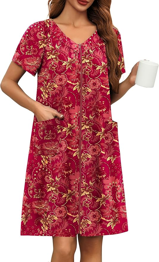 Ekouaer Women Robe Zipper Front Mumu Duster Robes Zip Up Housecoat Soft Sleepwear with Pockets S-3XL