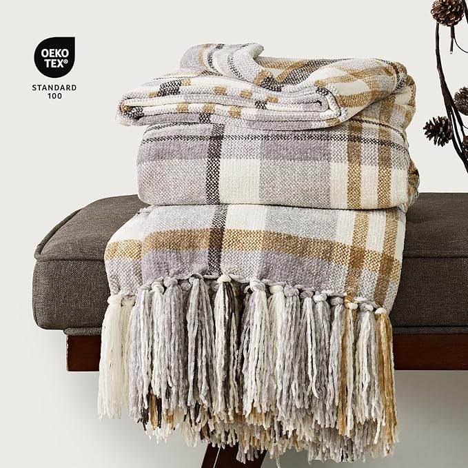 EVERGRACE Plaid Chenille Throw Blanket for Couch, Super Soft Cozy Decorative Farmhouse Plaid Throw with Tassels, Lightweight Chenille Knit Throw for Bed Sofa Gift Home Decor, Grey & Beige 60"x80"