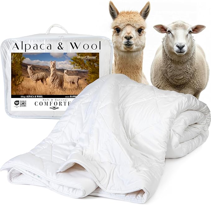 Desert Breeze Distributing Pure and Natural Australian Alpaca & Sheep Wool Comforter – Warm, Soft, Thick, Breathable Duvet Insert with Bamboo Viscose and Cotton Cover, Queen Size, 90x94 inches
