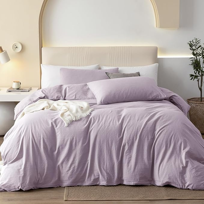 JIYUAN 100% Washed Cotton Duvet Cover Set 3 Pieces Oversized King, 1 Duvet Cover 120x98 Inches(Comforter Not Included) and 2 Pillowcases,Linen Like Comfy and Breathable,Heathered Light Purple