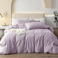 JIYUAN 100% Washed Cotton Duvet Cover Set 3 Pieces Full, 1 Duvet Cover 80x90 Inches(Comforter Not Included) and 2 Pillowcases,Linen Like Comfy and Breathable,Heathered Light Purple