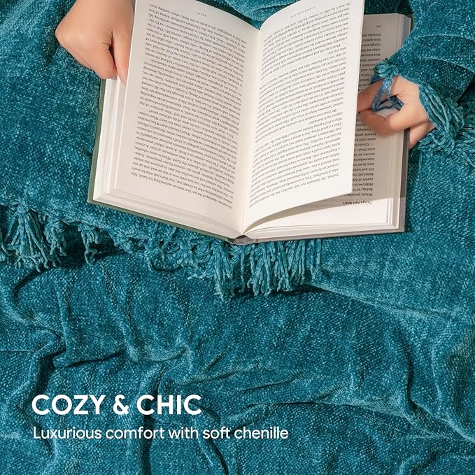 RECYCO Throw Blanket Soft Cozy Chenille Throw Blanket with Fringe Tassel for Couch Sofa Chair Bed Living Room (Teal, 50'' x 60'')