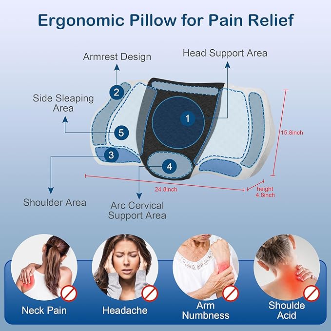 TOPPURE Cervical Neck Pillow with Breathable Pillowcase, Memory Foam Pillow Supportive for Neck & Shoulder Pain Relief for Side, Back, Stomach Sleepers(White&Grey)