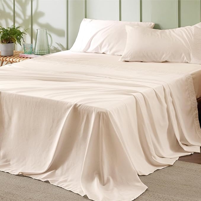 Bedsure King Size Sheets Set - 4 Pieces Soft King Sheets - Breathable & Cooling - Hotel Luxury - Easy Care Polyester Microfiber Bedding for Women, Men, Light Beige