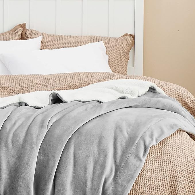 Bedsure GentleSoft Sherpa Fleece Blankets Queen Size for Bed - Thick and Warm Throw for Women and Men, Soft Fuzzy Plush Queen Blanket for Winter, Light Grey, 90x90 Inches