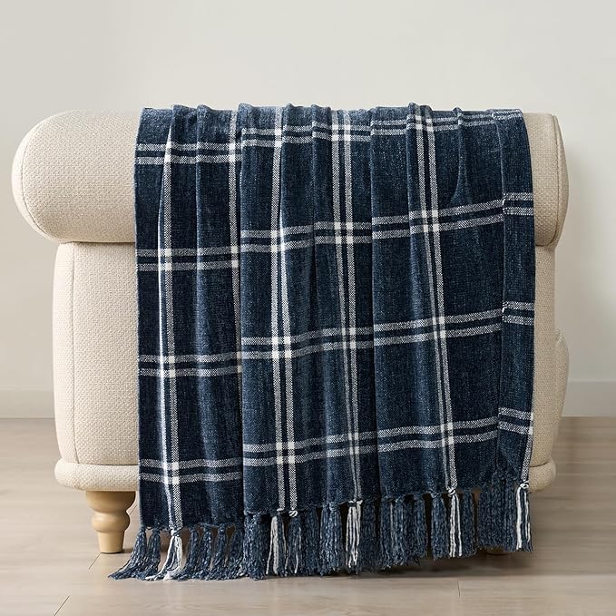 EVERGRACE Plaid Chenille Throw Blanket for Couch, Super Soft Cozy Decorative Windowpane Grid Plaid Throw with Tassels, Lightweight Chenille Knit Throw for Bed Sofa Gift, Navy & White 60”x80”