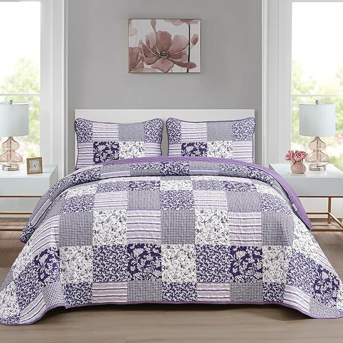 Mybedsoul Purple Quilt Set Twin Size, 2 Pieces Plaid Floral Bedspread Set Patchwork Reversible Bedding Set Microfiber Lightweight Bedspread Coverlet Set for All Season 68"x86"