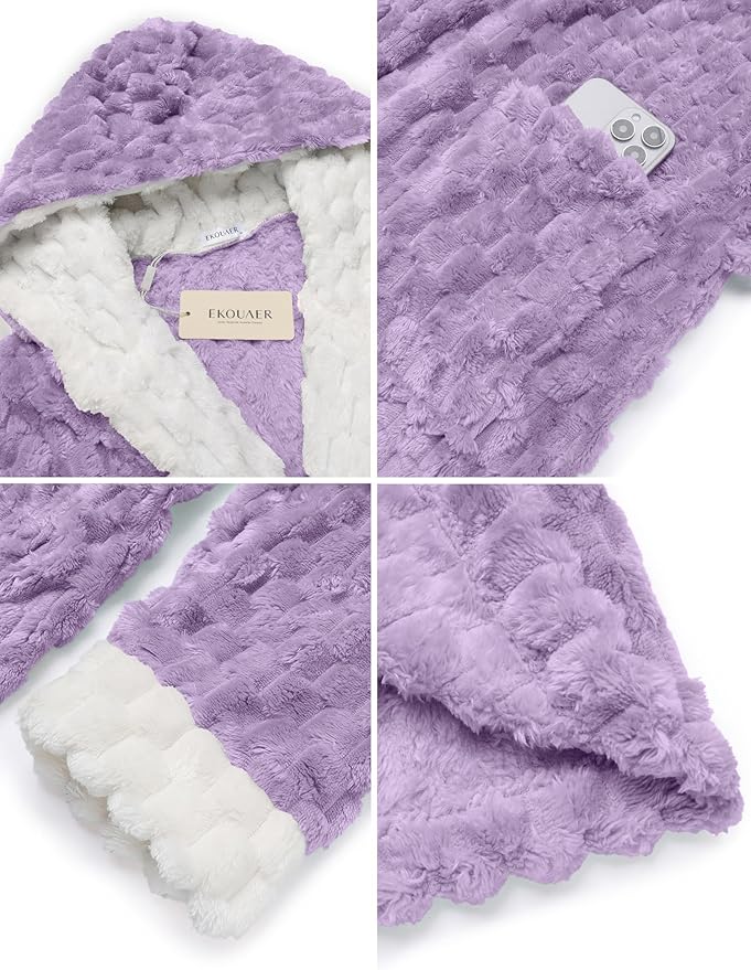 Ekouaer Womens Plush Robes Long Soft Jacquard Fluffy Bathrobe Hooded Robe Sleepwear with Pockets