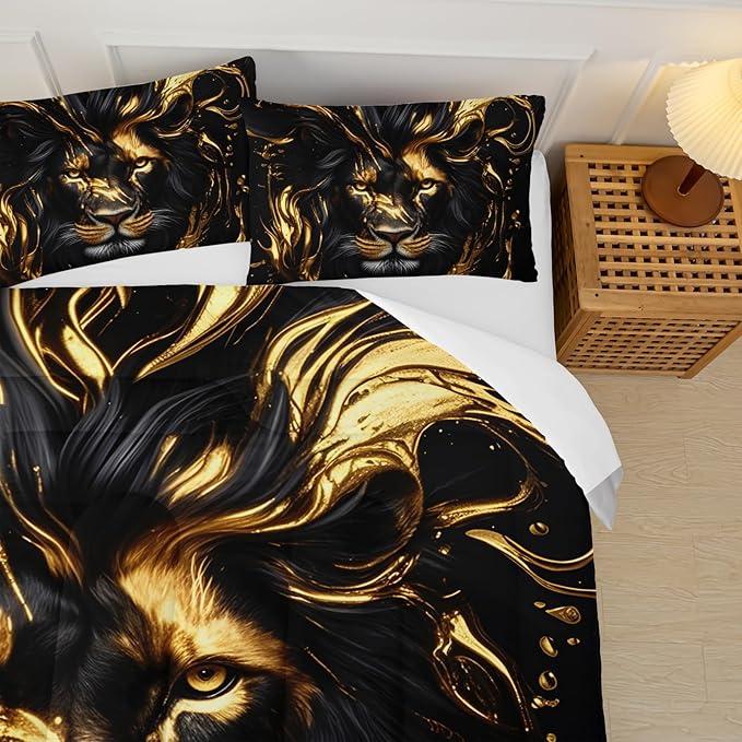 Black & Gold Full Comforter Set Lion，Animal Print Full Size Bedding，with 1 Comforter with 2 Pillow Case，Lion Themed Bedroom Decor for Boy Kids