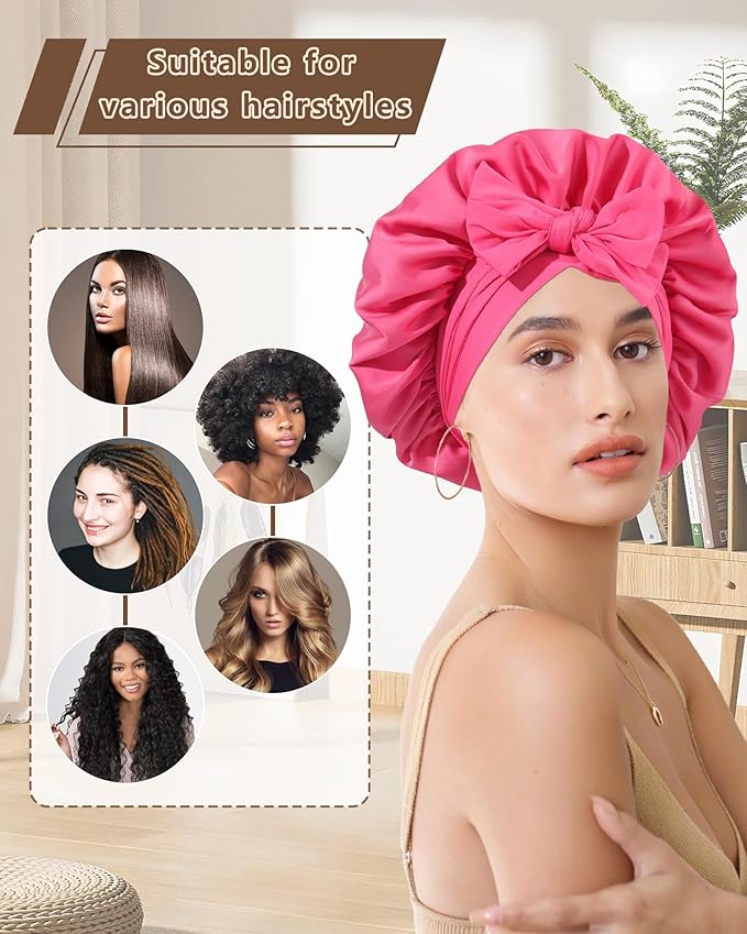 AWAYTR Women Satin Bonnet for Sleeping - Double Layer Silk Hair Bonnet with Elastic Tie Band for Braids Curly Hair