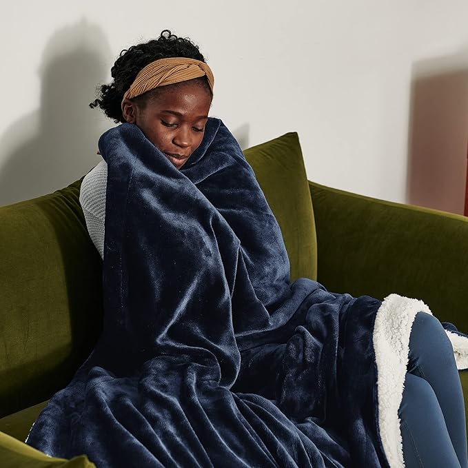 Bedsure GentleSoft Sherpa Fleece Blankets Queen Size for Bed - Thick and Warm Throw for Women and Men, Soft Fuzzy Plush Queen Blanket for Winter, Navy, 90x90 Inches