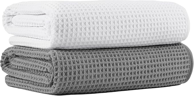 New Microfiber Waffle Bath Towels, 2 Pieces, Oversized, Soft, Absorbent, Fast Drying, Lint Free (Gray+White)