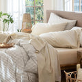 MooMee Bedding Sheet Set 100% Washed Cotton Linen Like Textured Breathable Durable Soft Comfy (Heathered Almond Milk Grey, Queen)