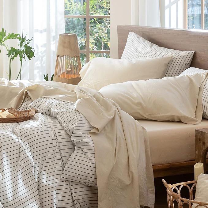 MooMee Bedding Sheet Set 100% Washed Cotton Linen Like Textured Breathable Durable Soft Comfy (Heathered Almond Milk Grey, Split King)