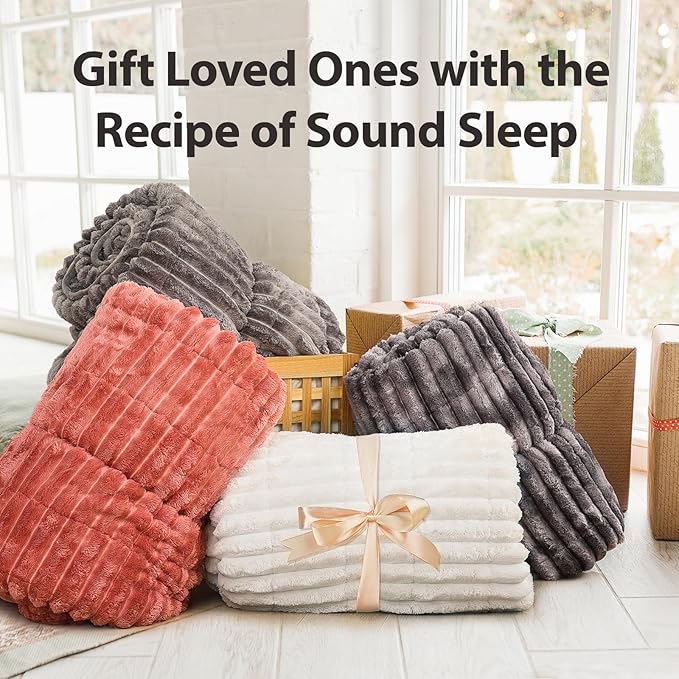 Sherpa Fleece Weighted Blanket with 3D Ribbed Stripes, 15 lbs Soft Flannel Heavy Throw Blanket for Couch Bed Sofa, Heavy Thick Blankets with Ceramic Beads, Great for Sleep, 48" x 72"