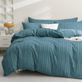 JELLYMONI Duvet Cover Queen Size Grayish Blue - 3PCS Boho Striped Duvet Cover Set Polyester Tufted Bohemian Textured Comforter Cover 90×90in with Corner Ties & Zipper and 2 Pillowcases