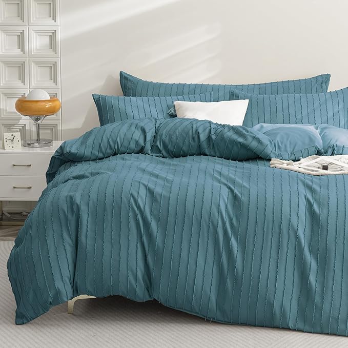 JELLYMONI Duvet Cover Full Size Grayish Blue - 3PCS Boho Striped Duvet Cover Set Polyester Tufted Bohemian Textured Comforter Cover 80×90in with Corner Ties & Zipper and 2 Pillowcases