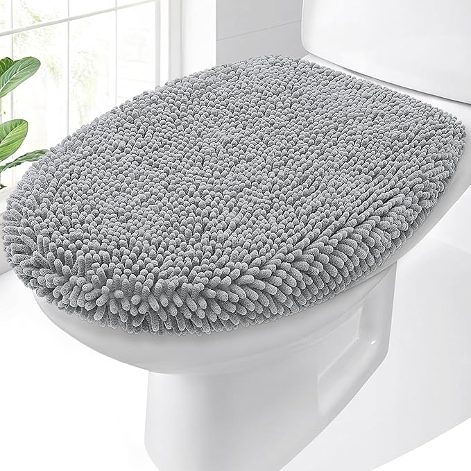 OLANLY Soft Chenille Bathroom Toilet Lid Cover, Machine Washable Seat Covers, 17.5x15, Stays in Place Rubber Backing, Fits Most Round, Elongated and Oblong Lids, Accessories Decor, Light Gray