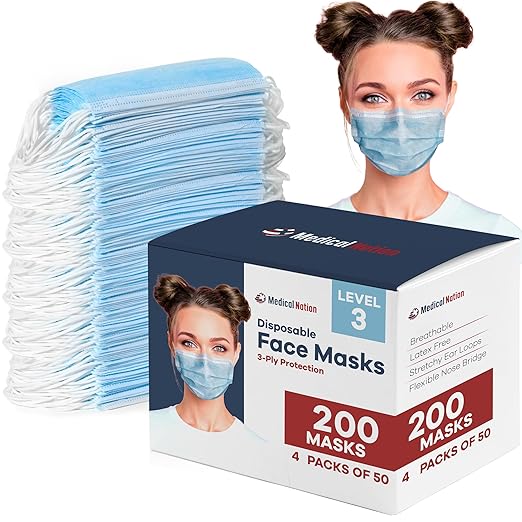 200 Pack Blue Disposable Face Masks - Level 3 | Bulk 3 Ply Facemask Pack - Soft Breathable Latex Free Non-Woven Dust Mask with Flexible Nose Bridge & Stretchy Ear Loops (4 Packs x 50)