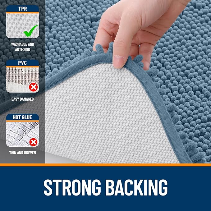 OLANLY Bathroom Rugs 24x16, Extra Soft Absorbent Chenille Bath Rugs, Rubber Backing Quick Dry, Machine Washable Bath Mats for Bathroom Floor, Tub and Shower, Home Decor Accessories, Airy Blue