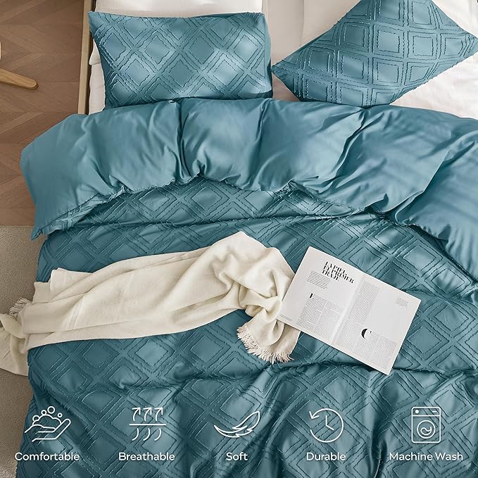 JELLYMONI Duvet Cover King Size Grayish Blue - 3PCS Boho Duvet Cover Set Plaid Polyester Tufted Bohemian Jacquard Knit Textured Comforter Cover 104×90in Rhombic Geometric Pattern Zipper Corner Tie