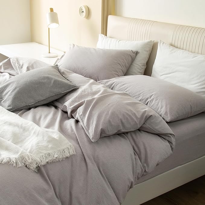 JIYUAN 100% Washed Cotton Duvet Cover Set 3 Pieces Oversized Queen, 1 Duvet Cover 98x98 Inches(Comforter Not Included) and 2 Pillowcases,Linen Feel Bedding Set Comfy and Breathable, Heathered Linen