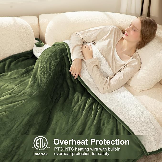Electric Blanket Full Size Fast Heating- 72 x 84 Inch Heated Blanket Full with 6 Heat Settings, 10 Hours Timer Settings, Overheat Protection, Washable Heating Blanket for Bed Couch, Green