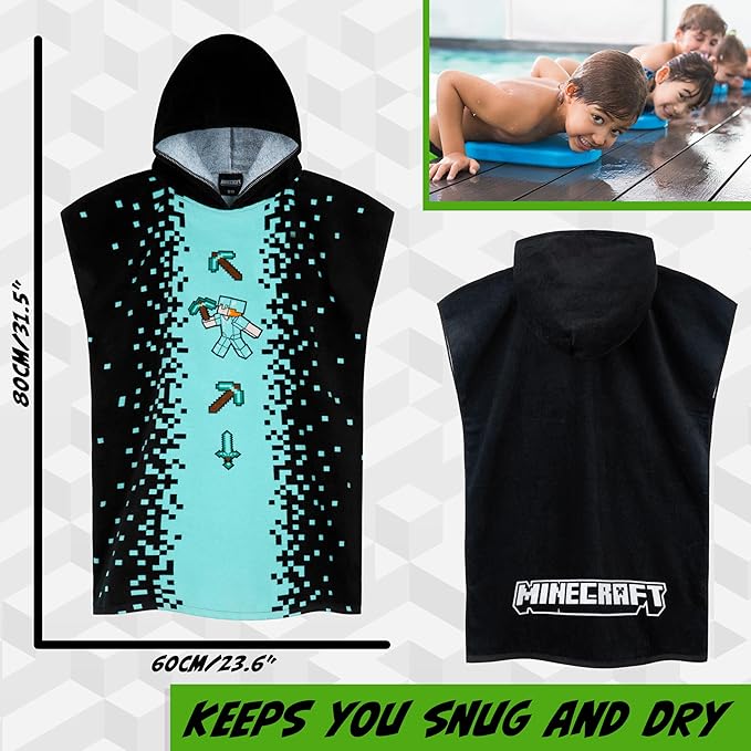Minecraft Towelling Poncho Kids Teens Hooded Bath Towels Absorbent Beach Towel (Black/Blue, 10-13 Years)