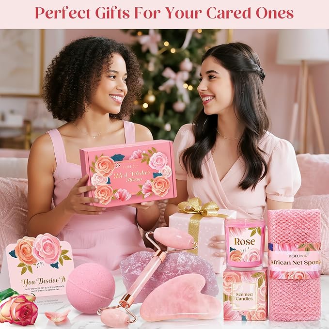 Christmas Gifts for Women - Stocking Stuffers for Women, Luxurious Self Care Relaxation, White Elephant, Birthday, Valentines Day Gift Ideas for Her, Wife, Mom, Unique Pink Beauty Gift Set