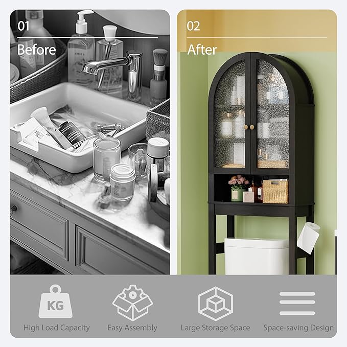 Over The Toilet Storage Cabinet, 23.7”W Modern Storage Cabinet Over Toilet with Rattan Doors, Arched Freestanding Over Toilet Rack with Adjustable Shelf for Bathroom, Dark Brown