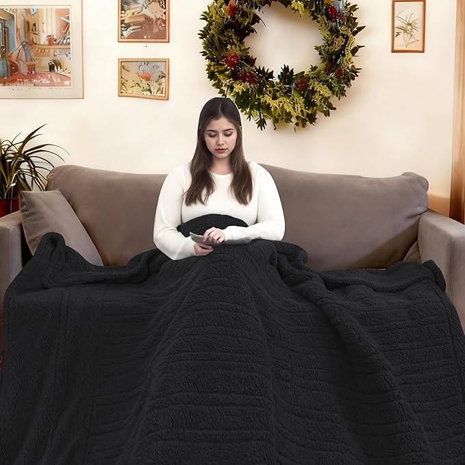 Electric Heated Blanket 6 Heating Settings & 10H Auto Off Full 72×84 Double Sided Plush Sherpa Ultra-Soft Warm Thick, Machine Washable, Fast Heating, Home Office Black