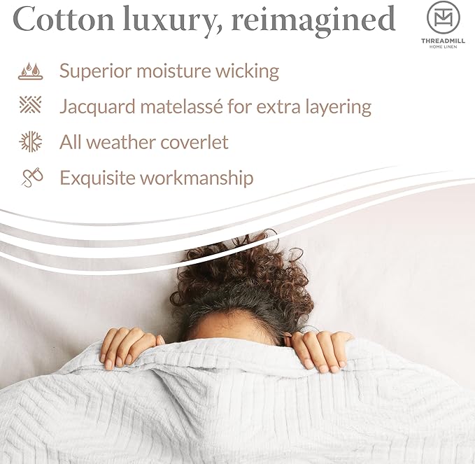 Threadmill Luxury Cotton Blankets for Twin Size Bed | All-Season 100% Cotton Twin Blanket for Bed | Aster Jacquard Lightweight, Soft & Cozy Coverlet, 350GSM, 68x90 inches | White
