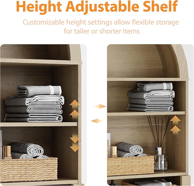 Over The Toilet Storage Cabinet, 23.7”W Modern Storage Cabinet Over Toilet with Rattan Doors, Arched Freestanding Over Toilet Rack with Adjustable Shelf for Bathroom, Nature