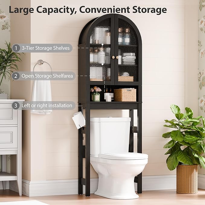 Over The Toilet Storage Cabinet, 23.7”W Modern Storage Cabinet Over Toilet with Rattan Doors, Arched Freestanding Over Toilet Rack with Adjustable Shelf for Bathroom, Dark Brown