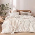 BESTOUCH Duvet Cover Set 100% Washed Cotton Linen Feel Super Soft Comfortable Chic Lightweight 3 PCs Home Bedding Set White & Almond Grey Stripes King