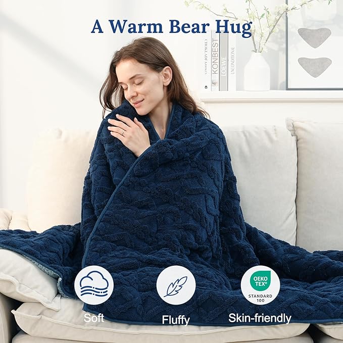 Sherpa Fleece Adult Weighted Blanket Great for Sleep, 15 lbs Dual Sided Soft Fuzzy Heavy Blankets for Couch Bed Sofa, Cozy Warm Fluffy Jacquard Throw for Winter (Navy Blue, 60" x 80", 15 Pounds)