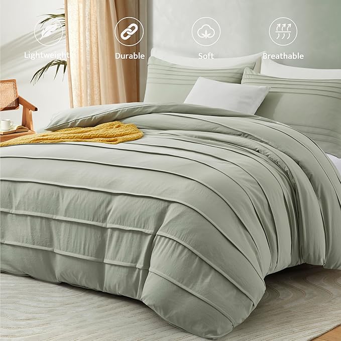 Oli Anderson Mist Sage Duvet Cover King Size - Pleated King Duvet Cover, 3PCS Soft and Breathable Textured Bedding Set with Zipper Closure(Mist Sage,104"x90")