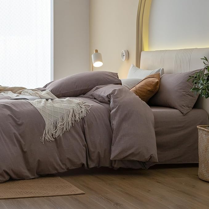 JIYUAN 100% Washed Cotton Duvet Cover Set 3 Pieces Full, 1 Duvet Cover 80x90 Inches(Comforter Not Included) and 2 Pillowcases,Linen Feel Bedding Set Comfy and Breathable, Heathered Mauve Brown