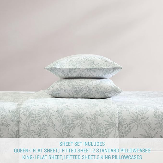 Tommy Bahama - Queen Size Sheets Set, Crisp & Tailored Cooling Sheets with a Smooth Cotton Percale Lightweight Feel - Bed Sheets with Matching Pillowcases & Fitted Sheet (Pen and Ink Palm Green)