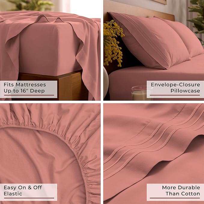 Mellanni Queen Sheets Set - 4 PC Iconic Collection Bedding - Hotel Luxury, Extra Soft, Cooling Bed Sheets - Wrinkle, Fade, Stain Resistant (Queen, Coral)