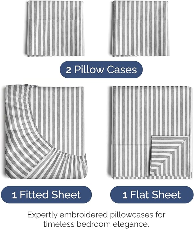 Cal King Size 4 Piece Sheet Set - Extra Soft, Breathable and Cooling Sheets - Hotel Luxury Bed Sheets for Women & Men - Deep Pockets, Easy-Fit & Wrinkle-Free Sheets - Grey Stripes Oeko-Tex Bed Sheets