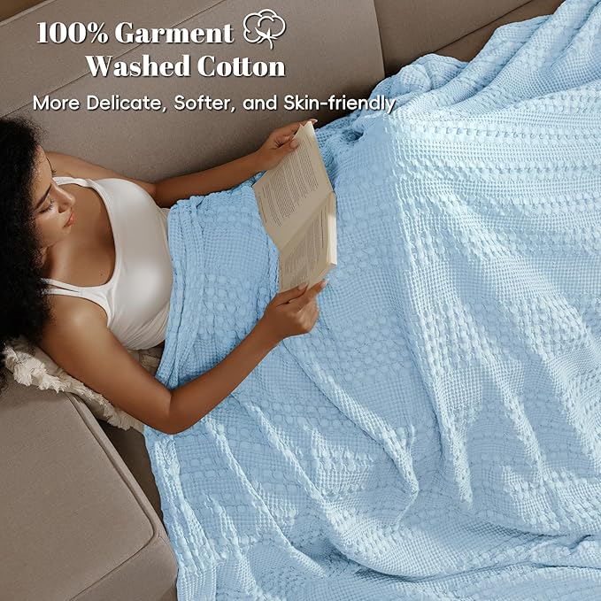 PHF 100% Cotton Waffle Weave Blanket Twin Size for Bed, Soft Lightweight & Breathable, All-Season Comfort, Luxury Aesthetic Woven Bedding for Home Decor, 66"x90", Baby Blue